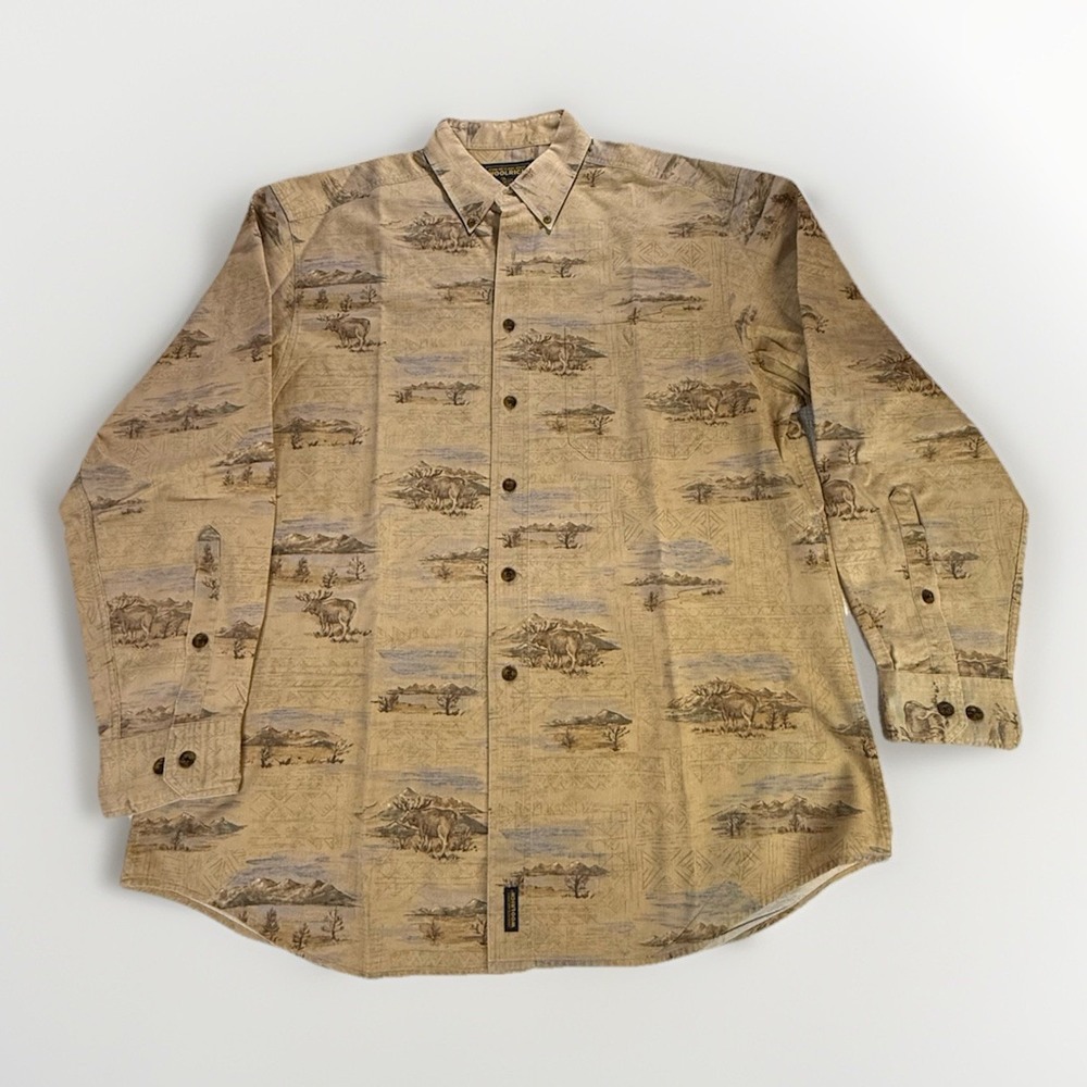 Vintage Woolrich Scenic Print Corduroy‎ Shirt Mens L Western Outdoor Heritage